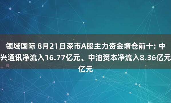 领域国际 8月21日深市A股主力资金增仓前十: 中兴通讯净流入16.77亿元、中油资本净流入8.36亿元